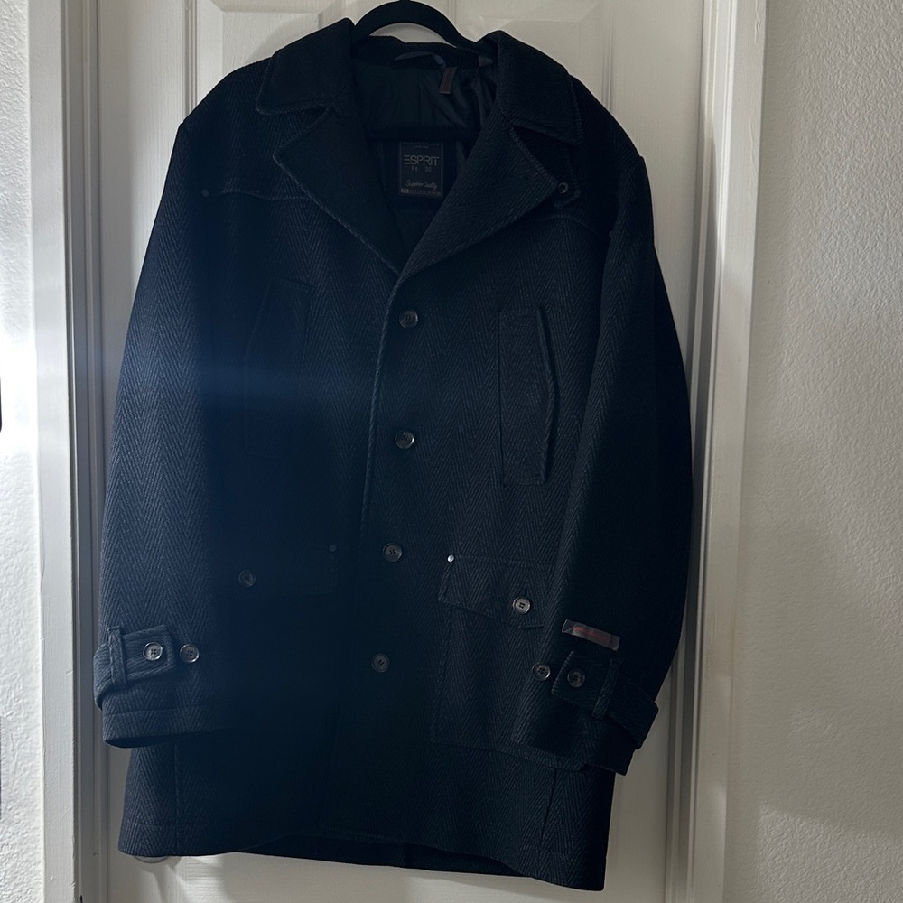 Esprit Black Men's Wool Pea Coat with Classic Notch Collar